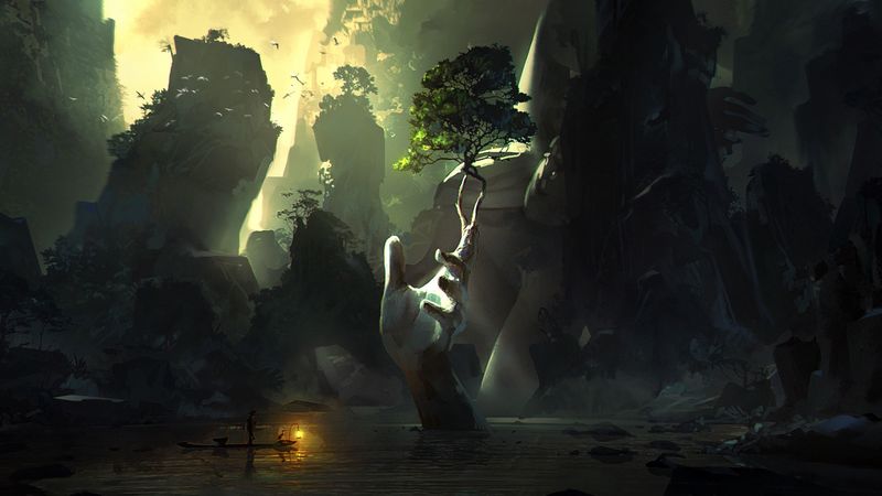 cave, ruins, hand, handbreadth, stone, fantasy, 4k