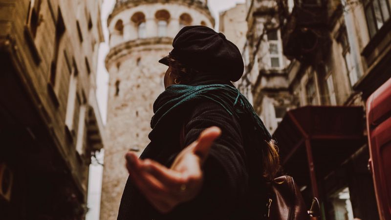 person, hand, reach, city, buildings, 4k