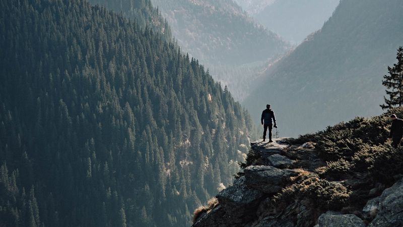 mountains, fog, man, rock, nature, 4k