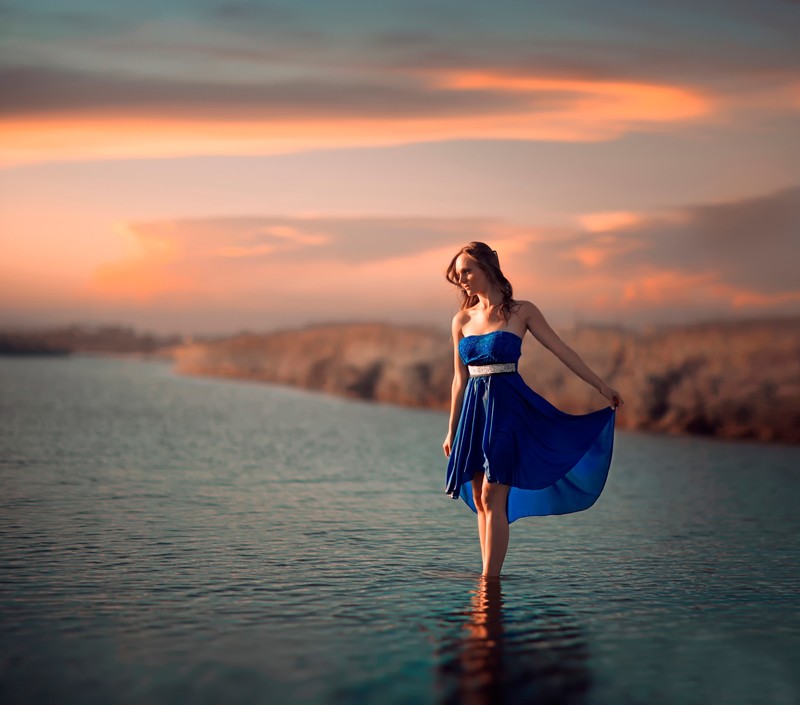 girls, women, outdoor, sea, dress, blue