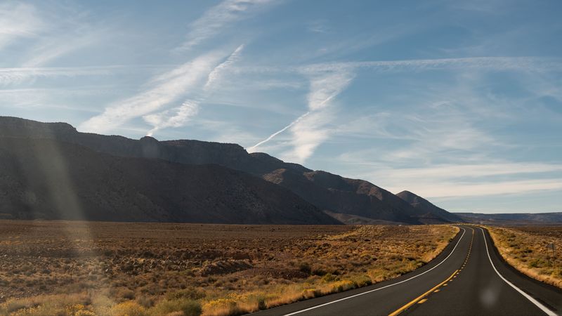 road, desert, mountains, landscape, 4k