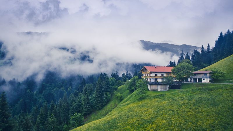 mountains, house, clouds, nature, landscape, 4k