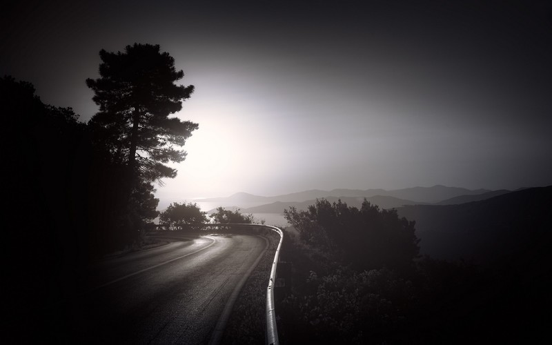 dark, road, nature, monochrome, black and white