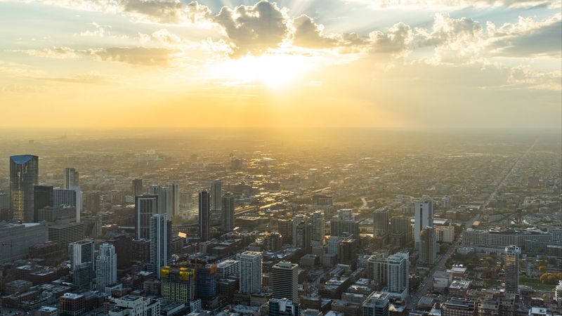 city, dawn, aerial view, cityscape, chicago, usa, 4k