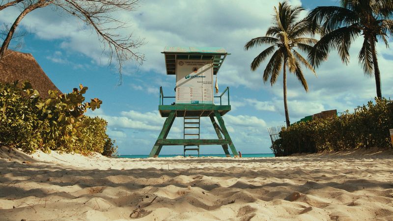 building, tower, beach, sand, palm trees, 4k