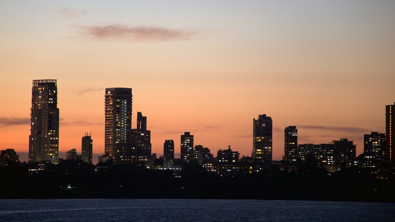 city, buildings, skyscrapers, water, evening, 4k