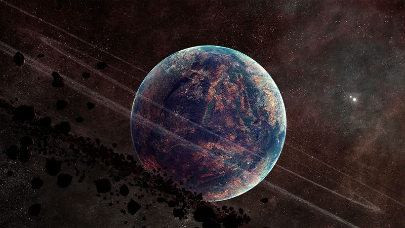 planet, asteroids, rings, stars, space, 4k