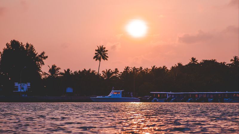 sunset, waves, water, boat, palm trees, 4k