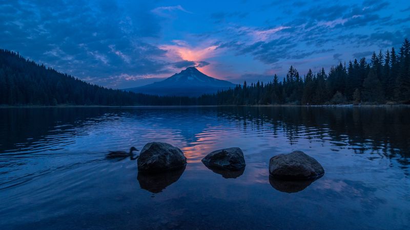 lake, stones, mountain, dusk, landscape, 4k