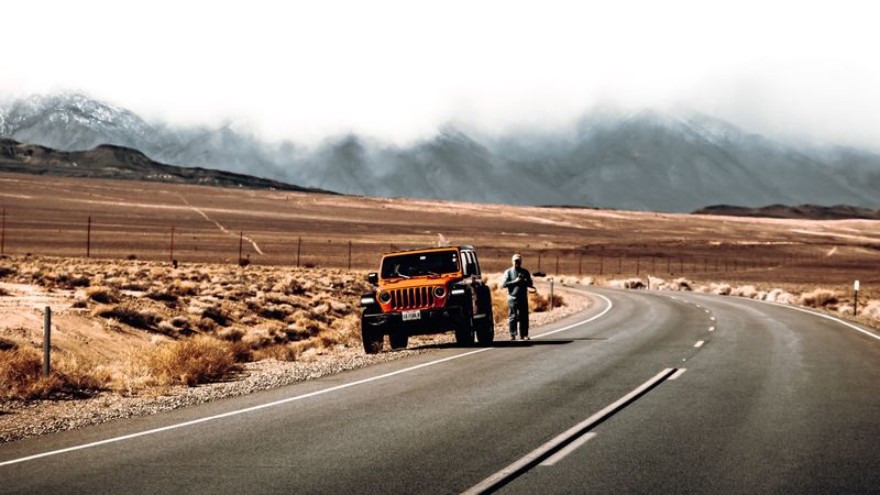 road, car, man, desert, 4k