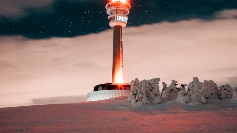 tower, building, backlight, night, winter, 4k