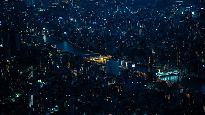night city, metropolis, aerial view, architecture, dark, 4k