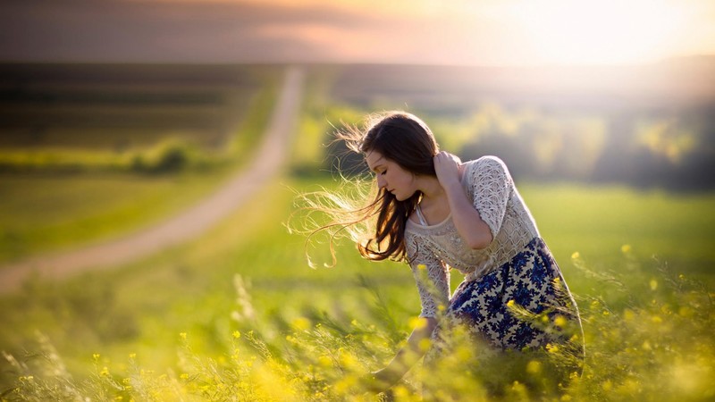 model, girls, field