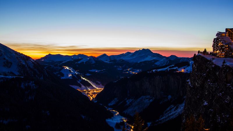 mountains, city, aerial view, valley, lights, night, 4k