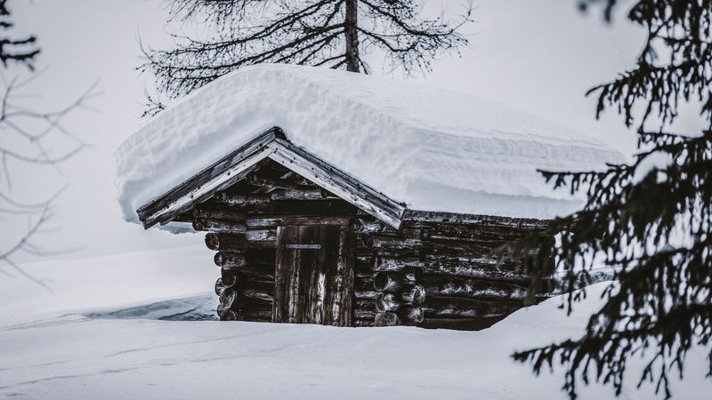 hut, wooden, snow, snowdrifts, winter, 4k