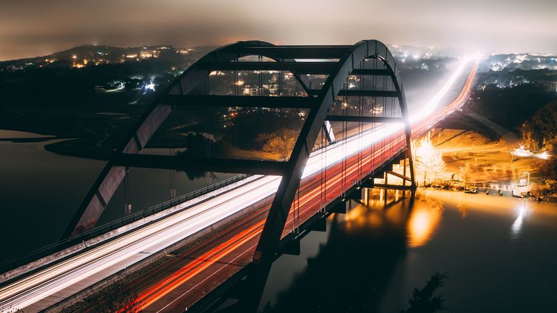 bridge, river, lights, long exposure, night, 4k