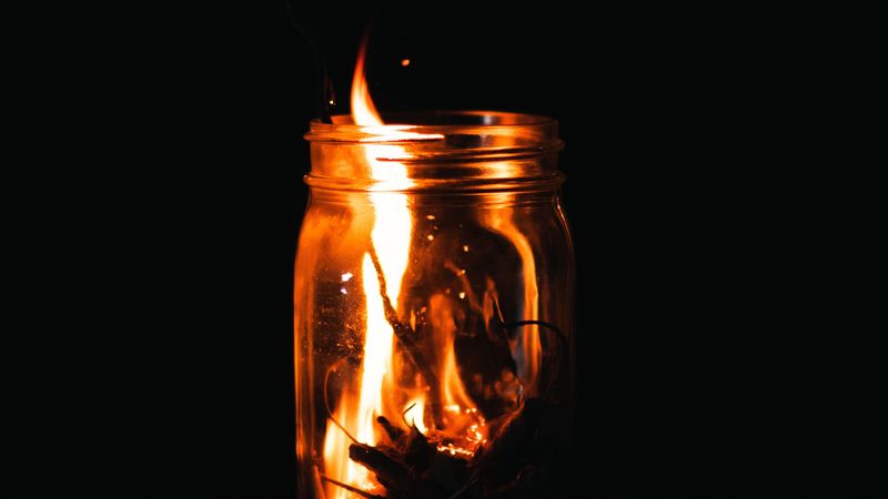 jar, fire, sparks, dark, 4k