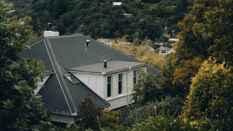 house, trees, mountains, nature, aerial view, 4k