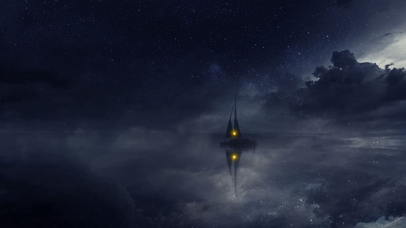 boat, water, clouds, night, art, 4k