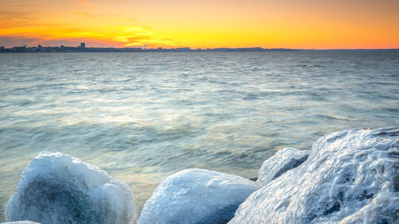 ice, stones, frozen, coast, winter, 4k