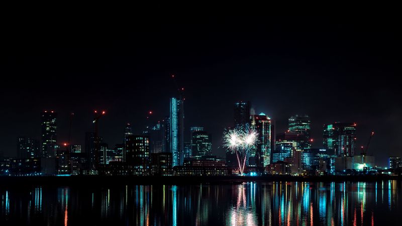 night city, buildings, fireworks, water, reflection, 4k