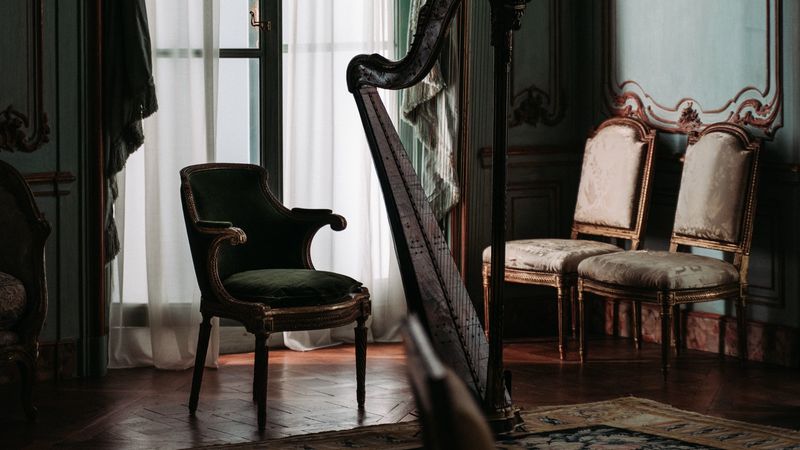 room, interior, furniture, harp, chairs, 4k