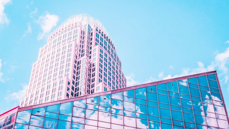 building, architecture, glass, reflection, clouds, 4k