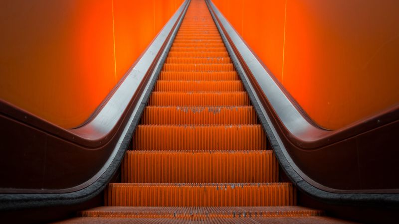 escalator, stairs, orange, 4k