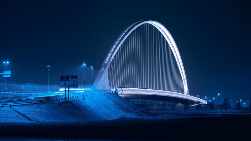 bridge, night city, architecture, structure, backlight, 4k