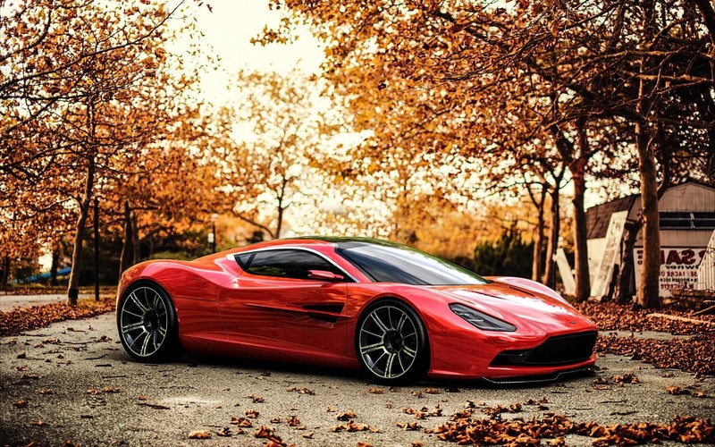 aston martin, cars, racing, red, autumn