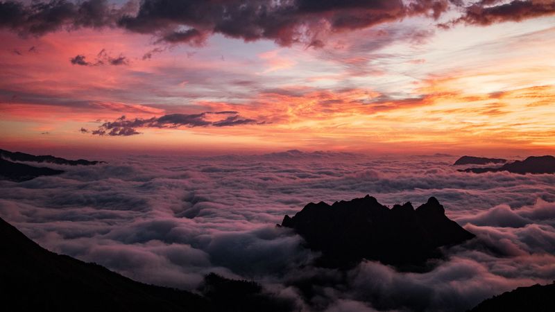 mountains, clouds, sunset, fog, dark, 4k