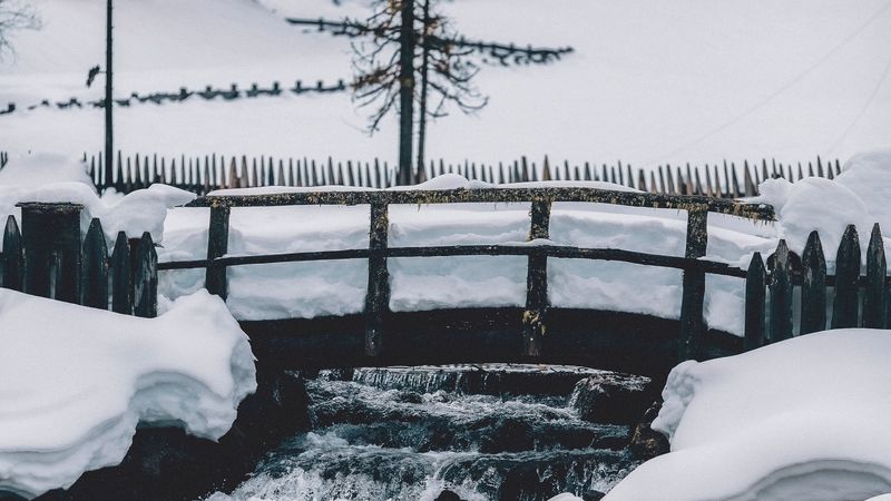 bridge, snow, winter, tree, 4k