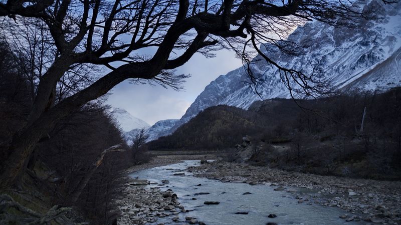 river, mountains, hill, stones, branches, 4k