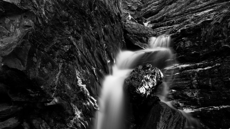 river, waterfall, bw, rock, landscape, 4k