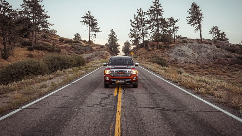 gmc canyon denali, gmc, car, red, road, mountains, 4k