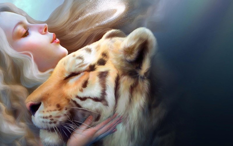 tiger, artist, girl, digital art