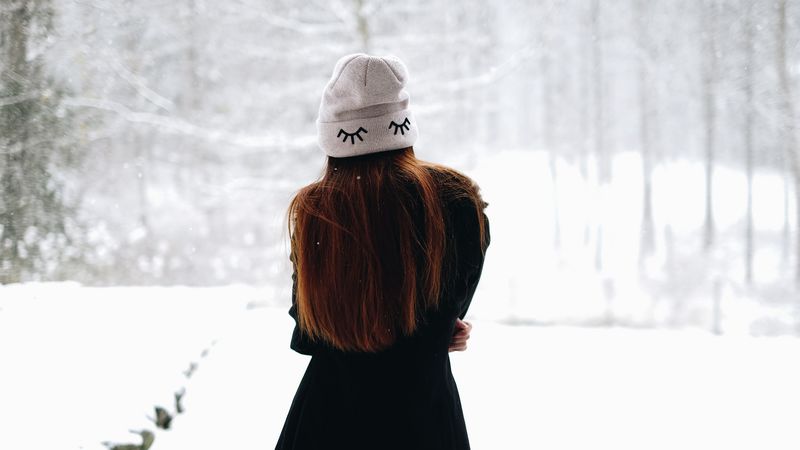 girl, hat, hair, snow, winter, 4k