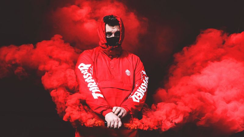 man, mask, hood, smoke, red, 4k