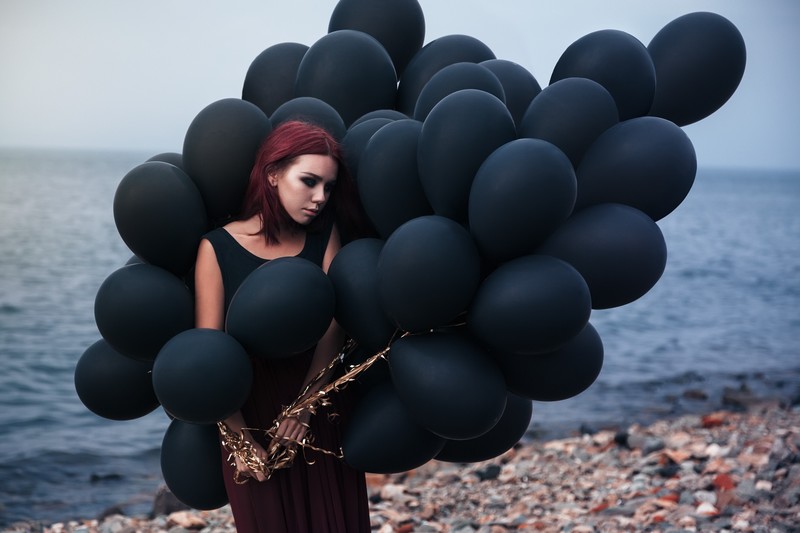 girls, balloons, black