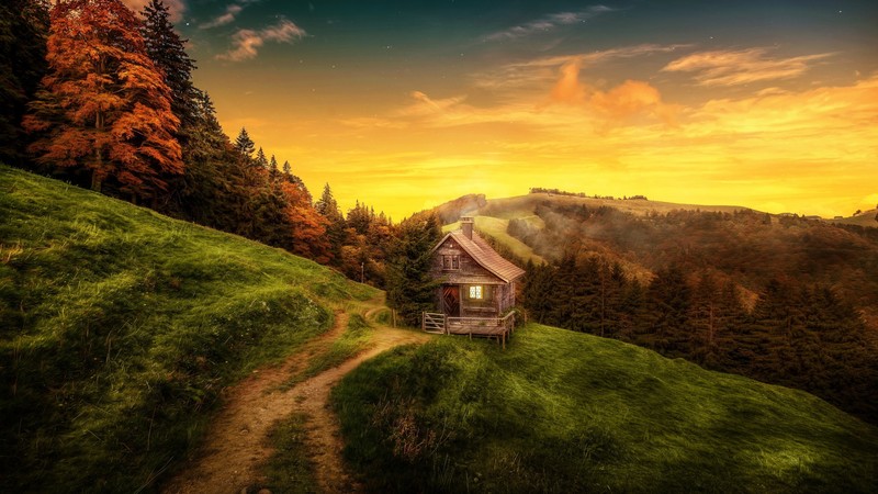 house, mountains, artist, art, digital art