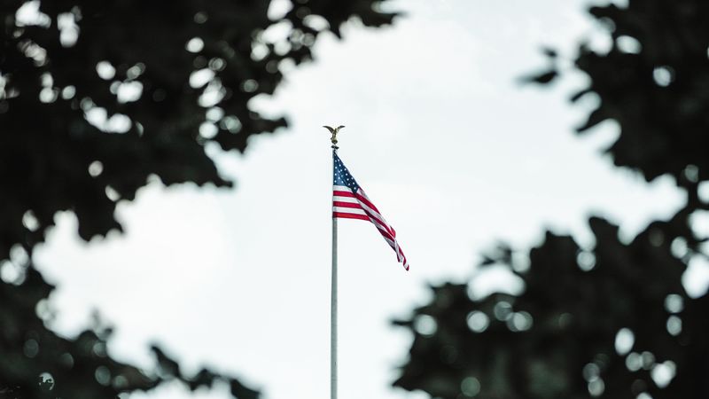 flag, usa, building, trees, 4k
