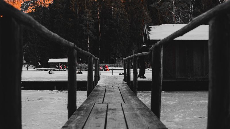 bridge, rink, mountain, winter, nature, 4k