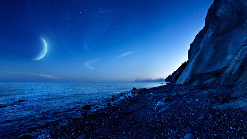 nightfall, mountain, sea, moon, nature
