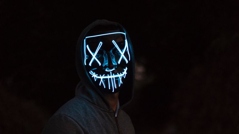 mask, neon, man, hoody, dark, 4k