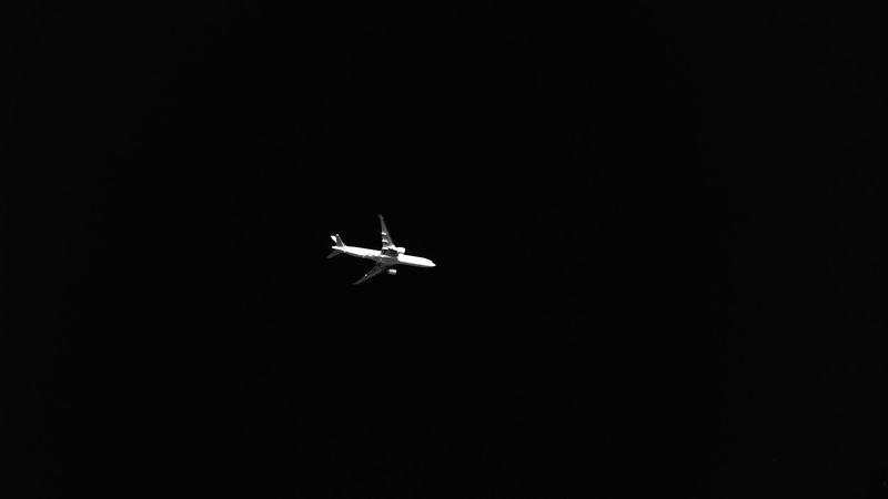 airplane, sky, bw, dark, minimalism, 4k