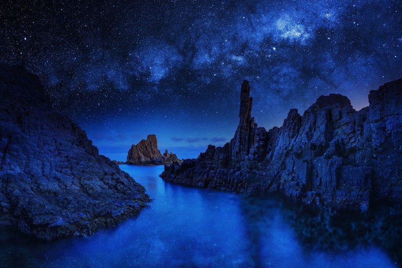ocean, rocks, blue, night, sky, nature