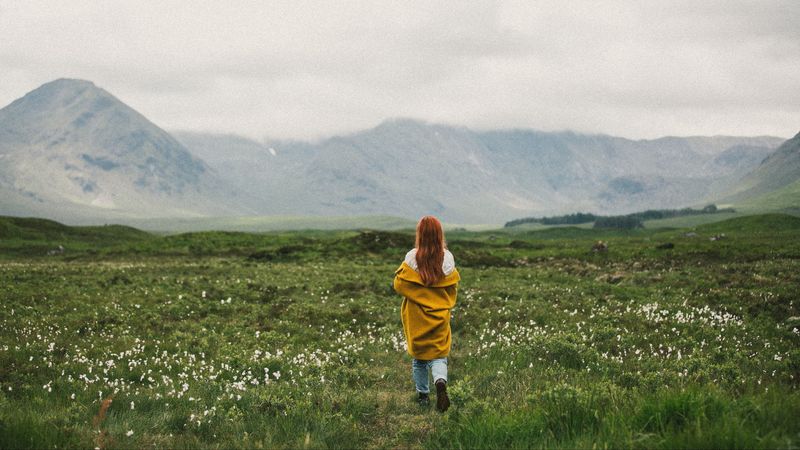 girl, lawn, mountains, fog, nature, 4k