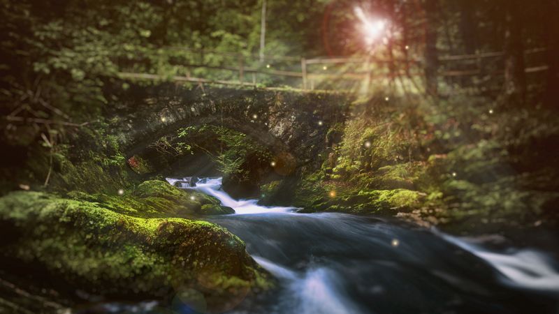 river, bridge, sunlight, flare, stones, 4k