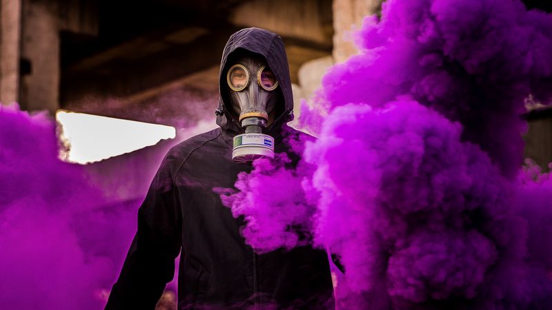 man, gas mask, smoke, purple, 4k