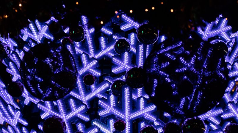 baubles, snowflakes, neon, decoration, new year, 4k